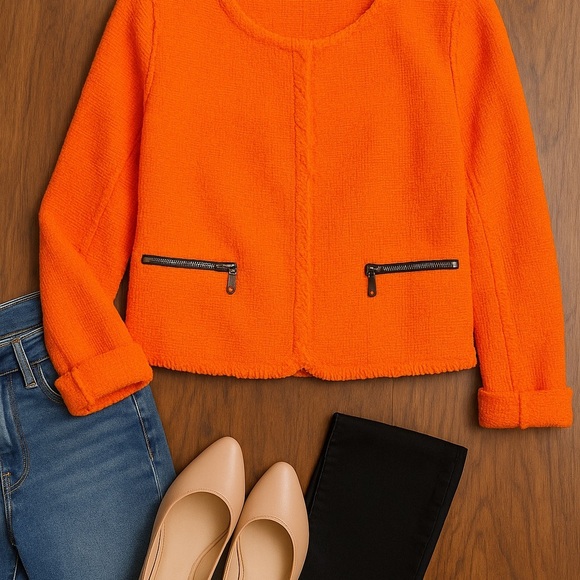 Zara Basic Bright Orange Tweed Cotton Jacket Size L - Picture 1 of 10
